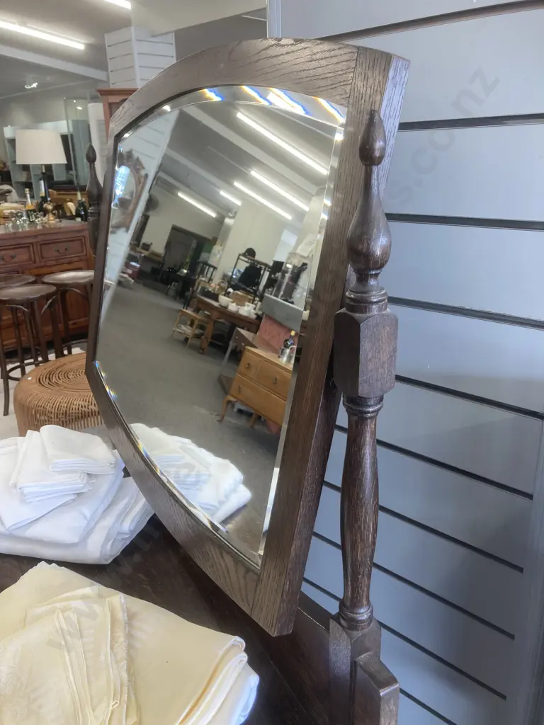 Antique Oak 4 Drawer Dressing Table, Bevelled Mirror On Turned Supports, Original Ornate Steel  Handles, H150 L100 D45cm Image 1++