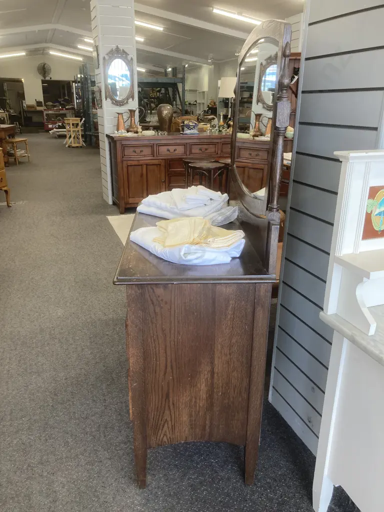 Antique Oak 4 Drawer Dressing Table, Bevelled Mirror On Turned Supports, Original Ornate Steel  Handles, H150 L100 D45cm Image 1++