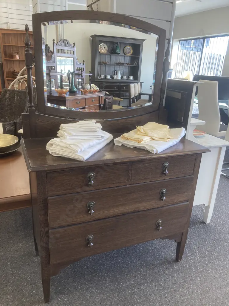 Antique Oak 4 Drawer Dressing Table, Bevelled Mirror On Turned Supports, Original Ornate Steel  Handles, H150 L100 D45cm Image 1++