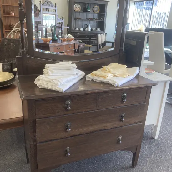 Antique Oak 4 Drawer Dressing Table, Bevelled Mirror On Turned Supports, Original Ornate Steel  Handles, H150 L100 D45cm