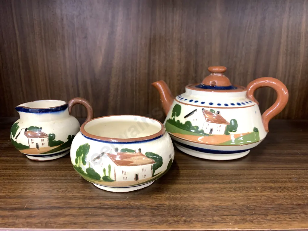 Devon Motto Ware Pottery Teapot, Creamer & Dish Image 1++