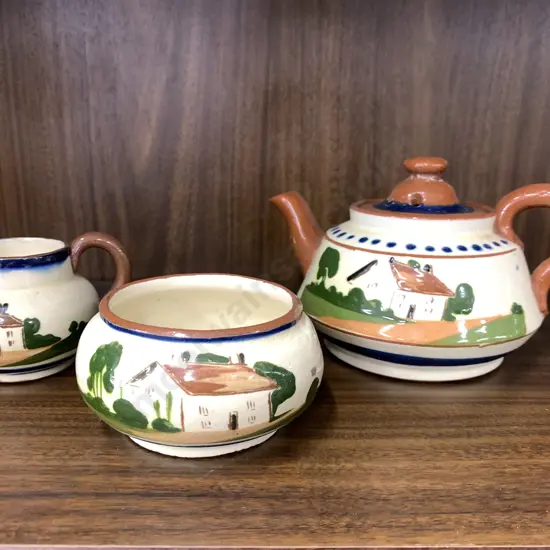 Devon Motto Ware Pottery Teapot, Creamer & Dish