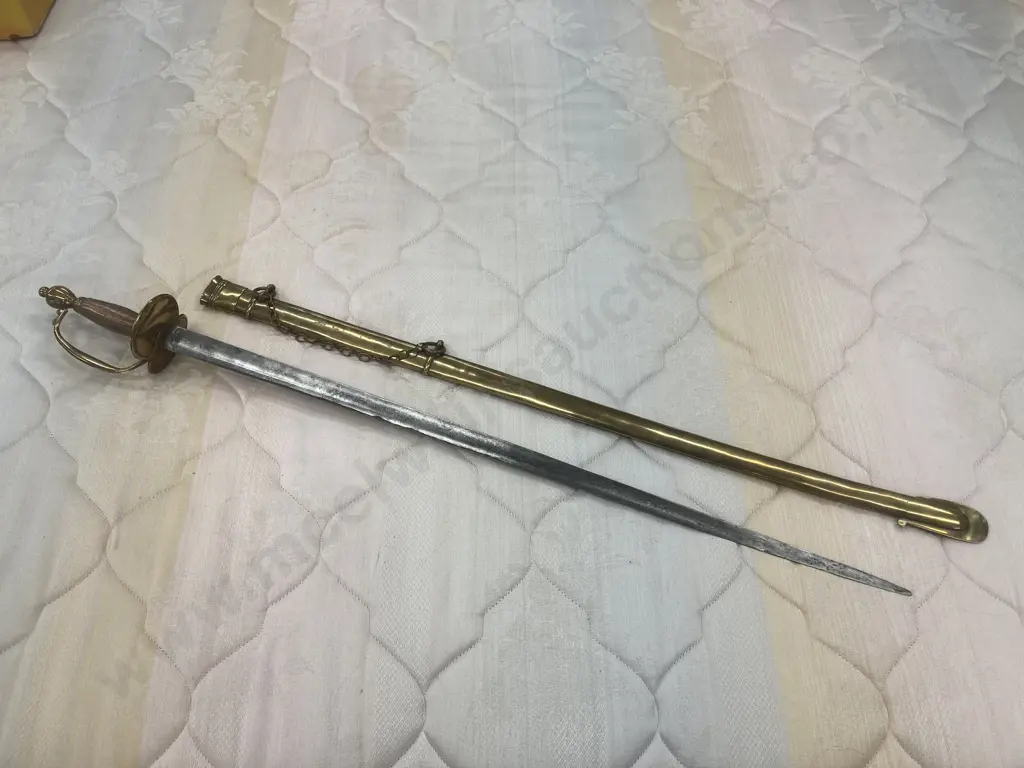 Vintage Sword, Brass Pommel & Knuckle Guard, Copper Wire Bound Grip & Copper Quillon, Brass Scabbard, L96cm Image 1++