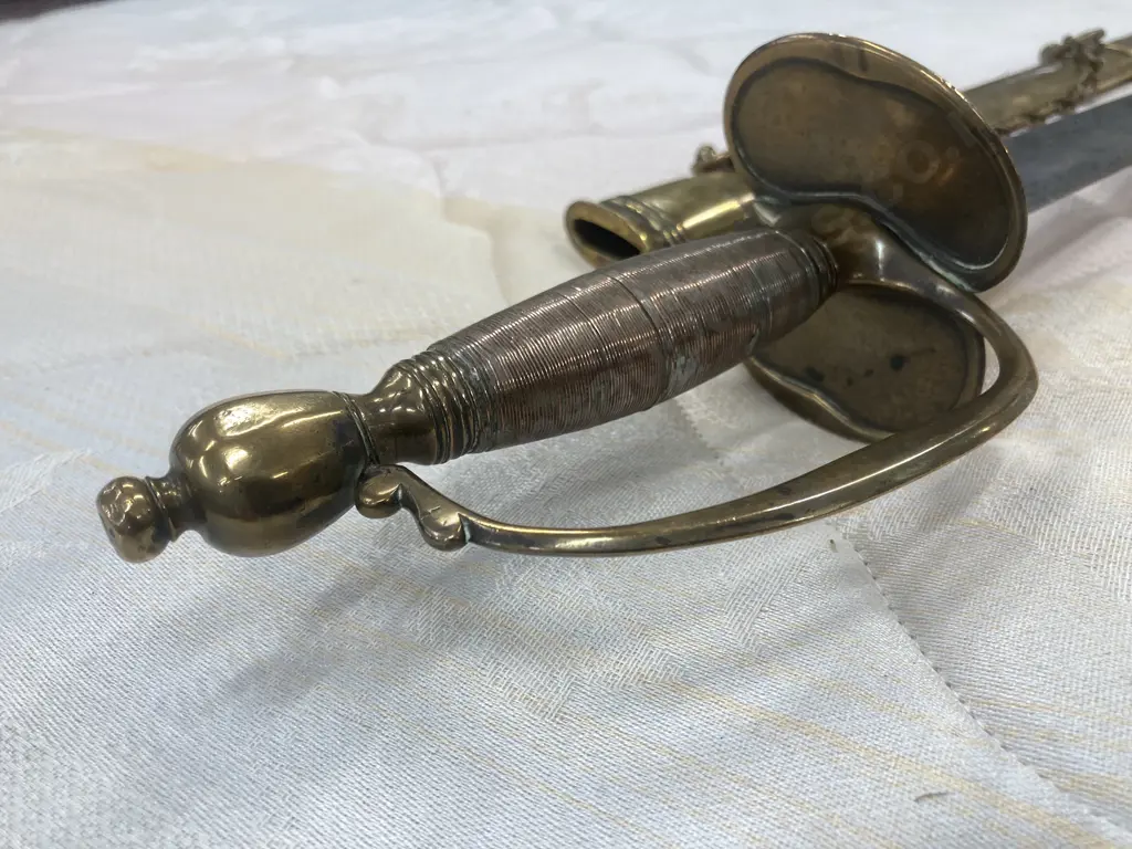 Vintage Sword, Brass Pommel & Knuckle Guard, Copper Wire Bound Grip & Copper Quillon, Brass Scabbard, L96cm Image 1++