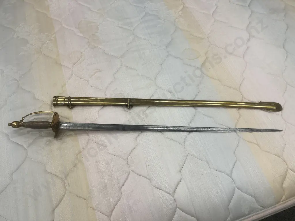 Vintage Sword, Brass Pommel & Knuckle Guard, Copper Wire Bound Grip & Copper Quillon, Brass Scabbard, L96cm Image 1++