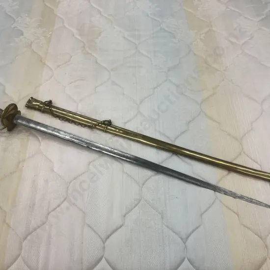 Vintage Sword, Brass Pommel & Knuckle Guard, Copper Wire Bound Grip & Copper Quillon, Brass Scabbard, L96cm