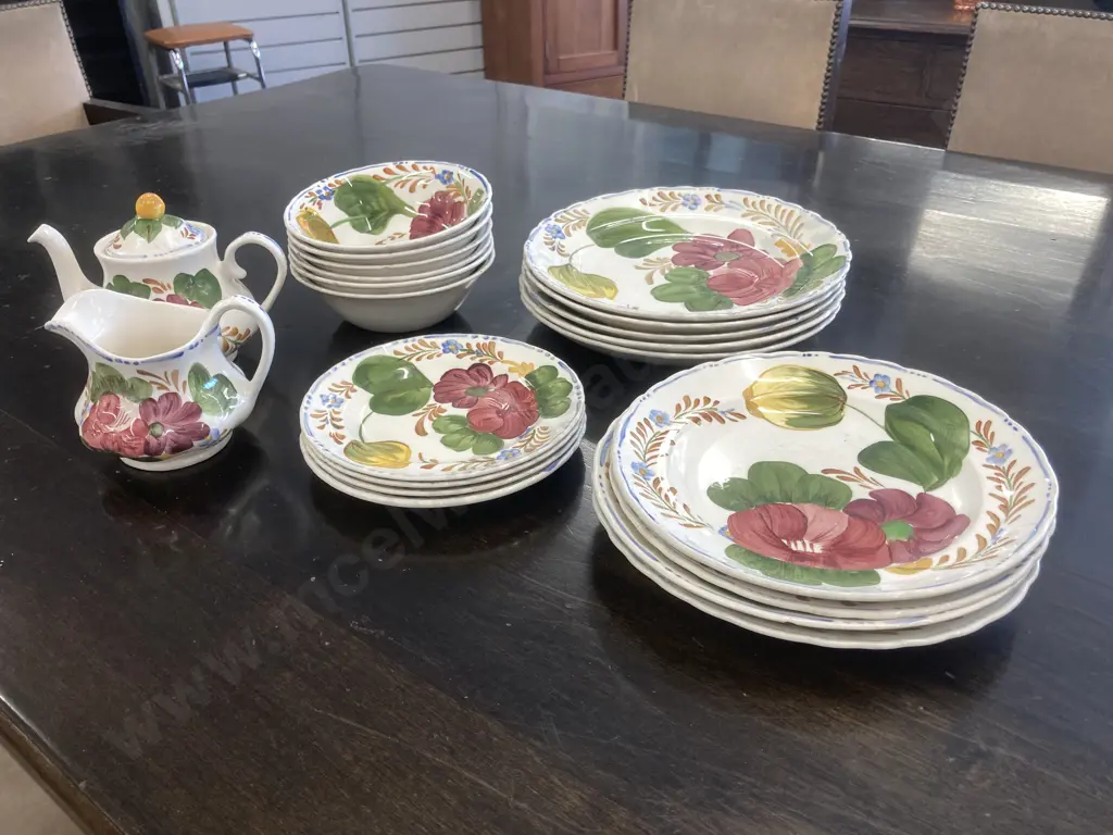 Selection of Belle Fiore China Items Includes Teapot & Creamer, Assorted Plates & Bowls, 21 Pieces (Some af) Image 1++