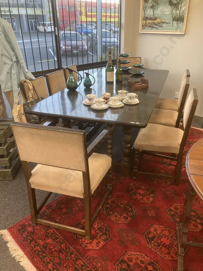 Vintage Kenyan Solid Wood Rectangular Dining Table, 243 x 113cm With 8 Dining Chairs (includes 2 Carvers) Image 1++