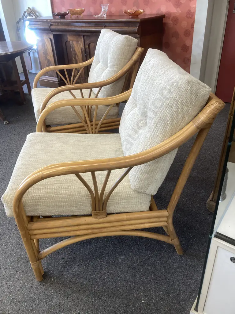 Cane Lounge Chairs With Cream Fabric, Button Backed, Armed, Pair of Image 1++