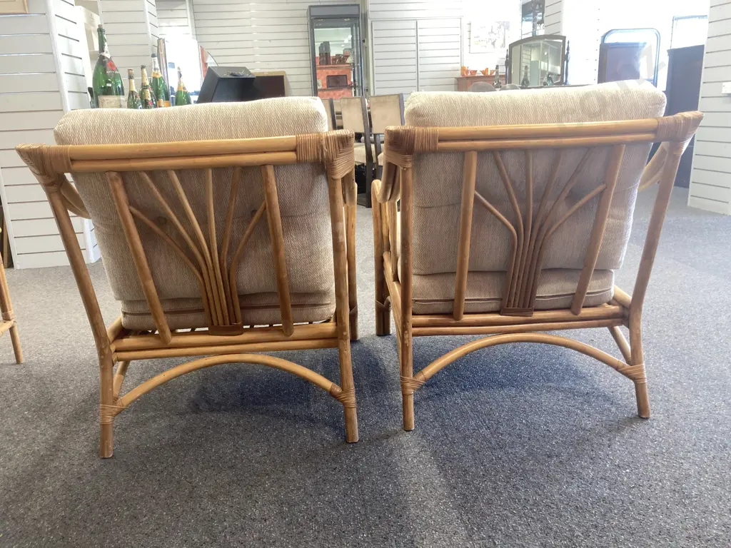 Cane Lounge Chairs With Cream Fabric, Button Backed, Armed, Pair of Image 1++