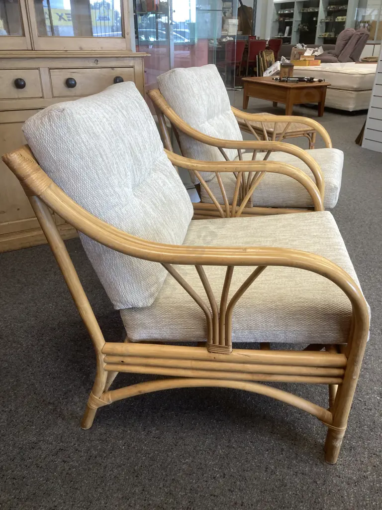 Cane Lounge Chairs With Cream Fabric, Button Backed, Armed, Pair of Image 1++