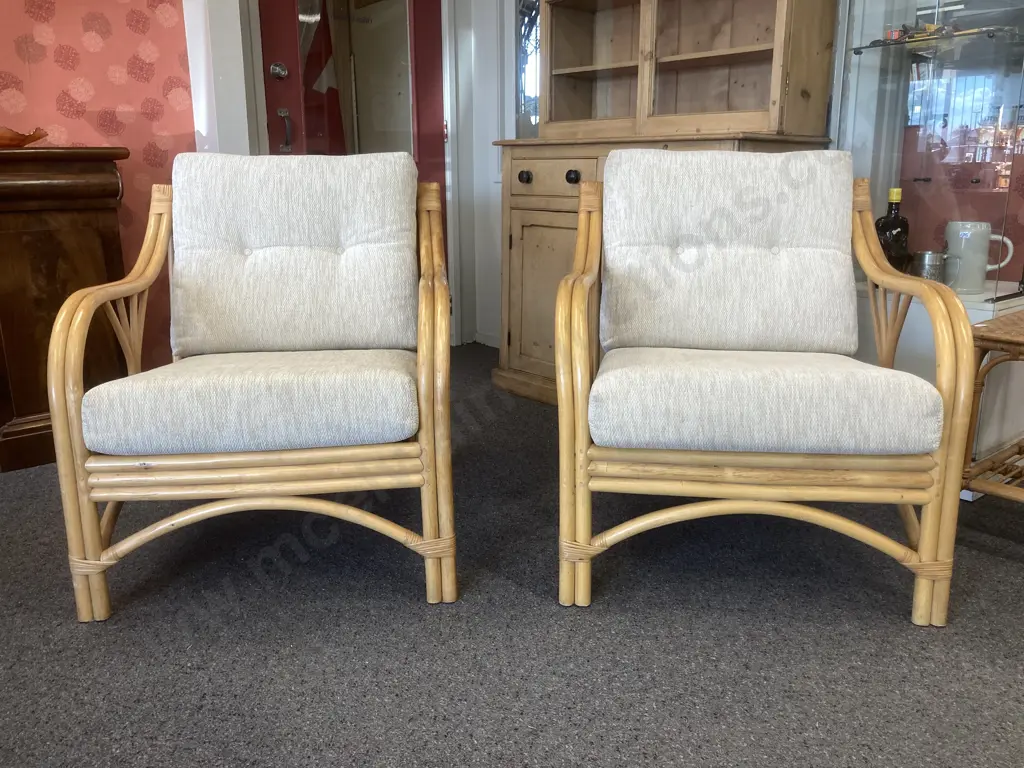 Cane Lounge Chairs With Cream Fabric, Button Backed, Armed, Pair of Image 1++