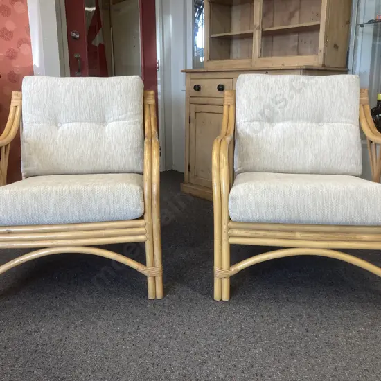 Cane Lounge Chairs With Cream Fabric, Button Backed, Armed, Pair of