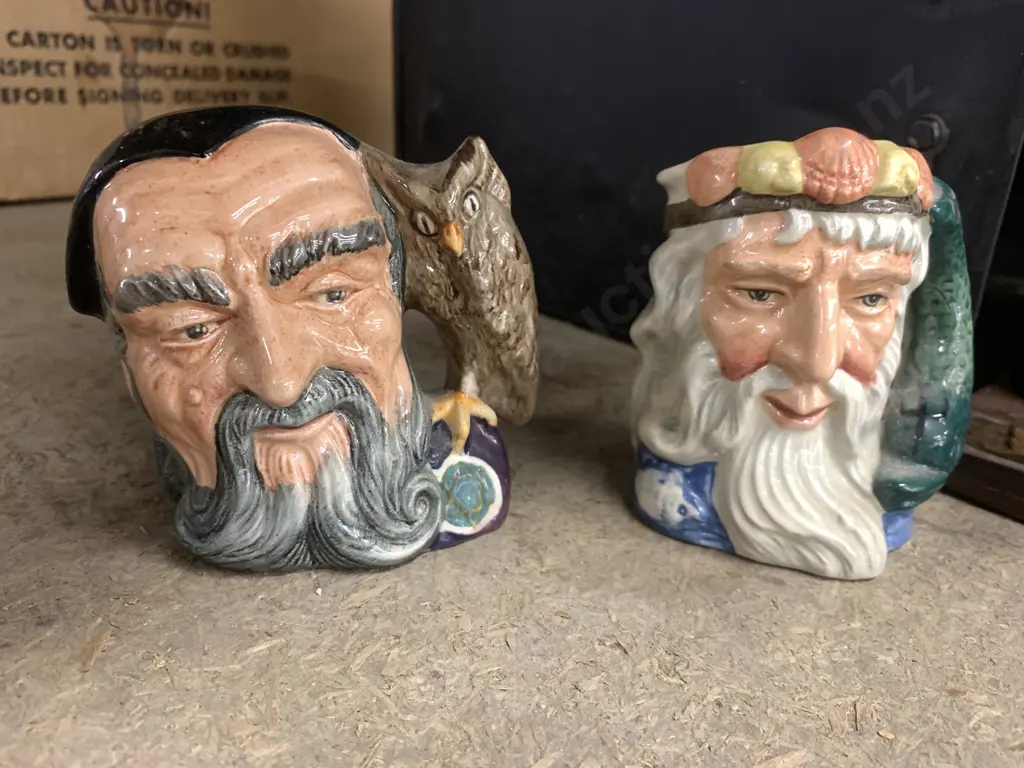 Pair of Royal Doulton Character Toby Jugs x 2 'Merlin' & 'Neptune' 10cm Image 1++