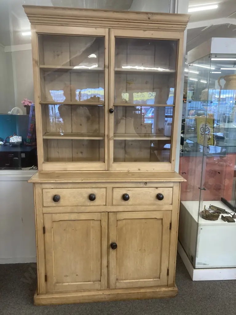 Large Victorian Baltic Pine Dresser, 2 x Glass Doors, Wooden Doors & Drawers, Two Piece, H203 L108 D48cm Image 1++