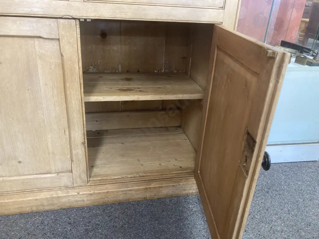 Large Victorian Baltic Pine Dresser, 2 x Glass Doors, Wooden Doors & Drawers, Two Piece, H203 L108 D48cm Image 1++