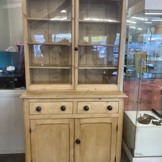 Large Victorian Baltic Pine Dresser, 2 x Glass Doors, Wooden Doors & Drawers, Two Piece, H203 L108 D48cm