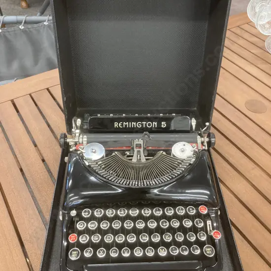 Vintage Remington Rand Model 5 Black Portable Typewriter with Case, c1930s?