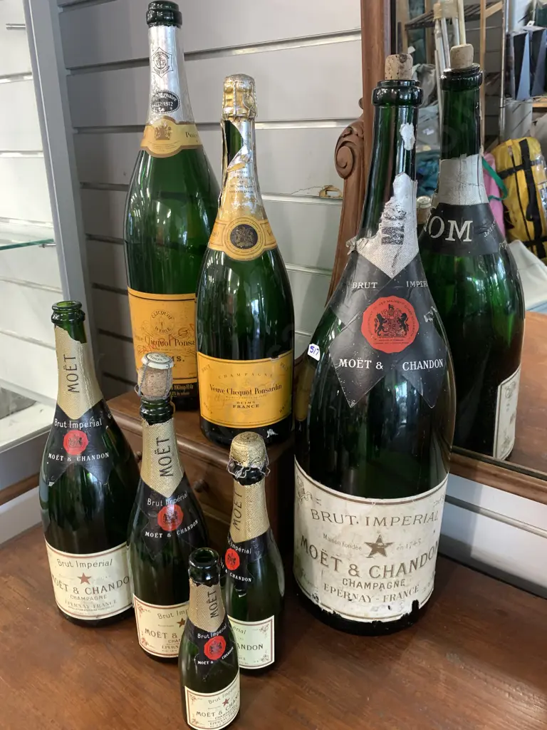 Vintage Moet & Chandon Champagne Bottles x Five, Heights 56 38 33 27 19cm & Vintage Veuve Clicquot Bottles, H48 & 39cm Image 1++