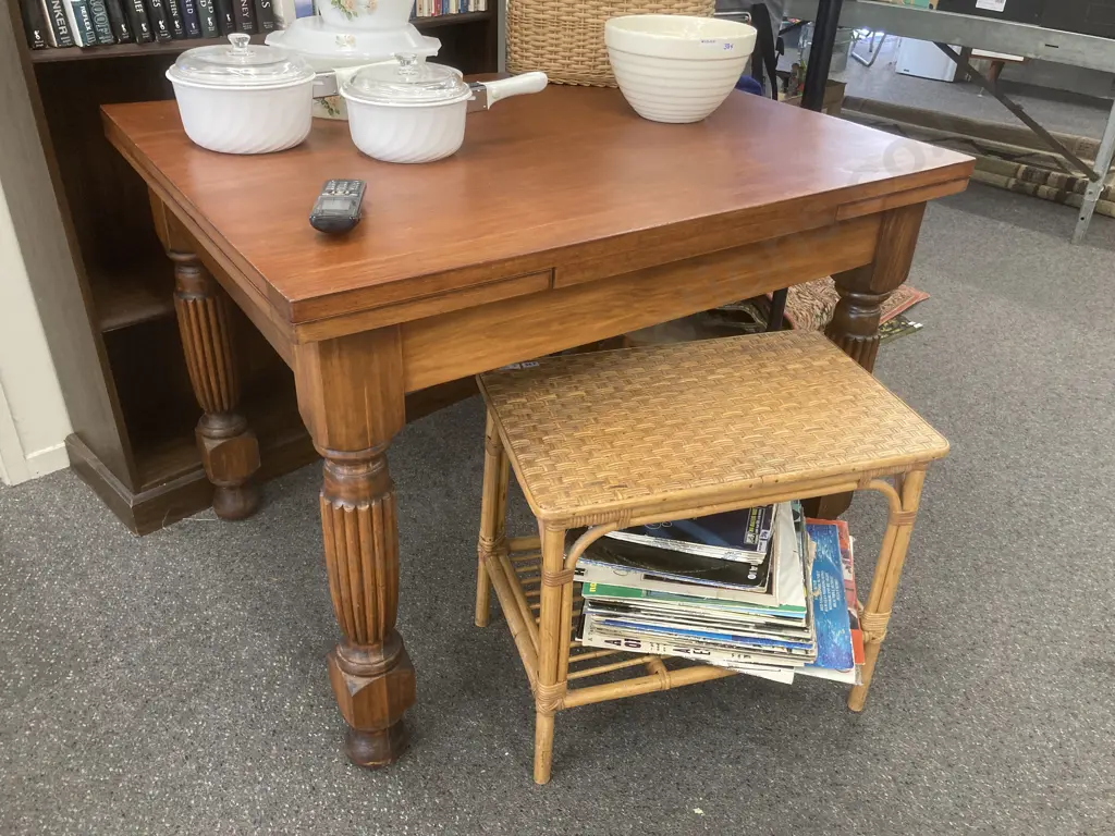 Vintage Rimu Draw Leaf Dining Table,  Carved & Turned Legs, 106 x 91cm (af To Top) Image 1++