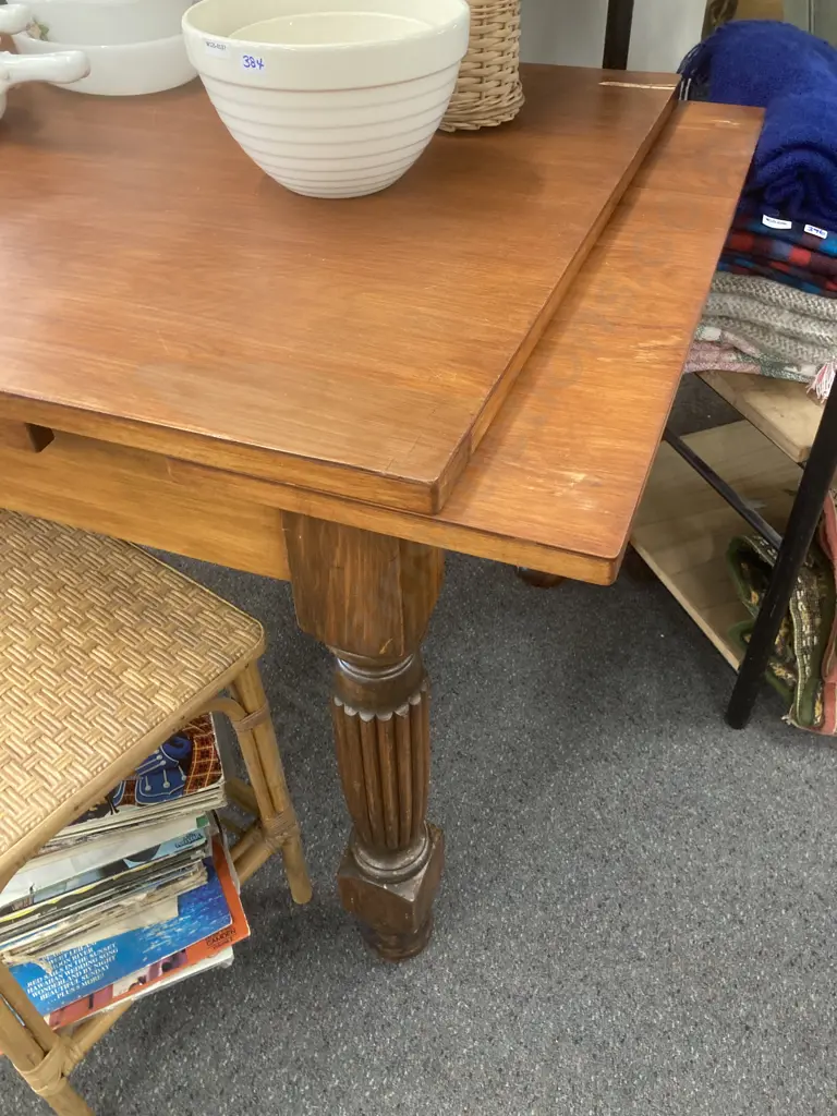 Vintage Rimu Draw Leaf Dining Table,  Carved & Turned Legs, 106 x 91cm (af To Top) Image 1++