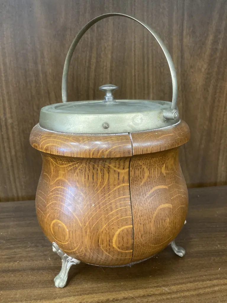 Antique English Oak Biscuit Barrel On Three Scroll Feet, Original China Liner, Early 1900s? H16cm Image 1++