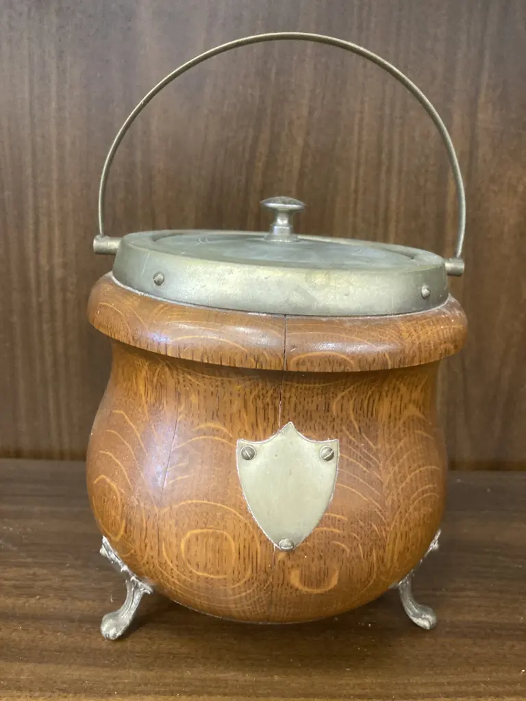 Antique English Oak Biscuit Barrel On Three Scroll Feet, Original China Liner, Early 1900s? H16cm Image 1++