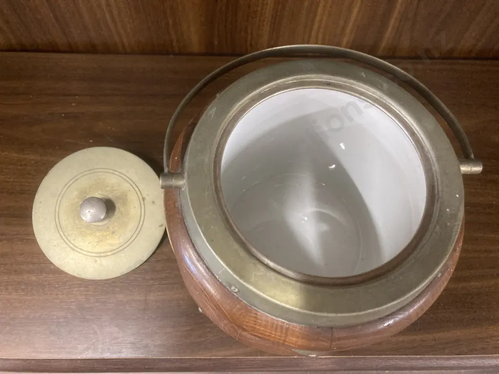 Antique English Oak Biscuit Barrel On Three Scroll Feet, Original China Liner, Early 1900s? H16cm Image 1++