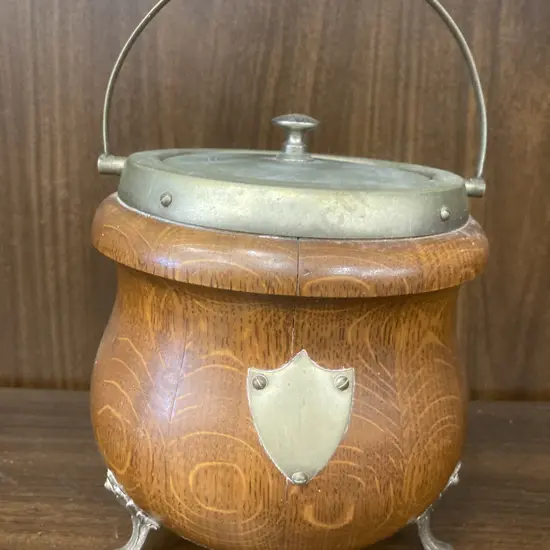 Antique English Oak Biscuit Barrel On Three Scroll Feet, Original China Liner, Early 1900s? H16cm