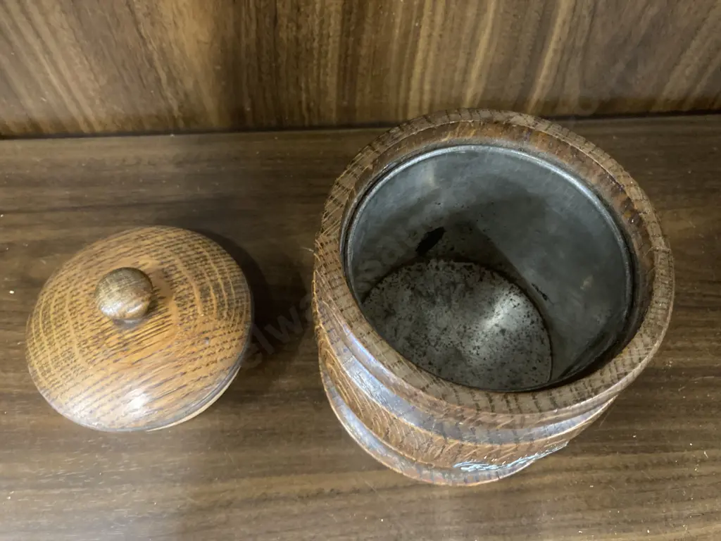 Antique English Oak Barrel Lidded Coffee Container, early 1900s? H13cm Image 1++