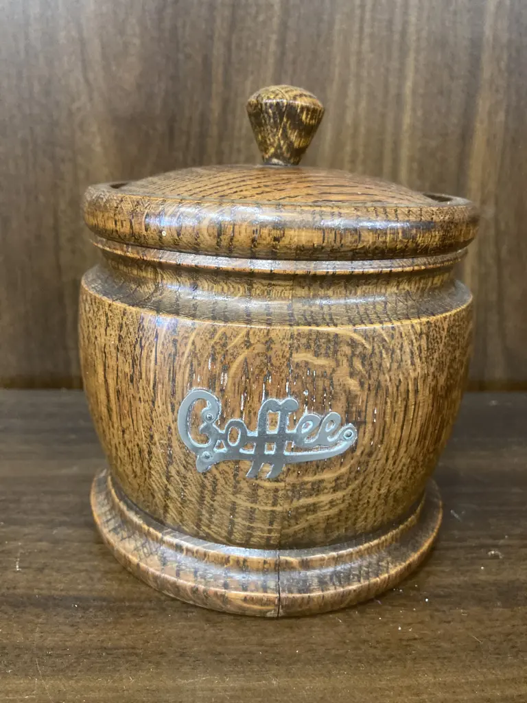 Antique English Oak Barrel Lidded Coffee Container, early 1900s? H13cm Image 1++