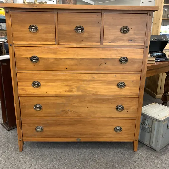 Woodpeckers Recycled Rimu Scotch Chest. 7 drawer, original brass handles. H1360, W1250, D44cm