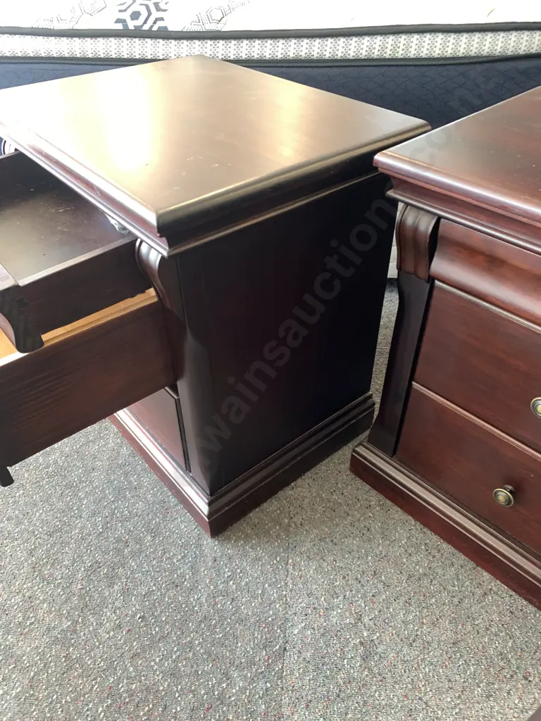 Modern Dark Stained Headboard With Matching 3 Drawer Bedside Cabinets, Round Antique Brass Colour Handles Image 1++