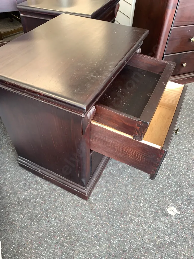 Modern Dark Stained Headboard With Matching 3 Drawer Bedside Cabinets, Round Antique Brass Colour Handles Image 1++
