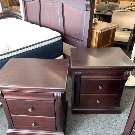 Modern Dark Stained Headboard With Matching 3 Drawer Bedside Cabinets, Round Antique Brass Colour Handles
