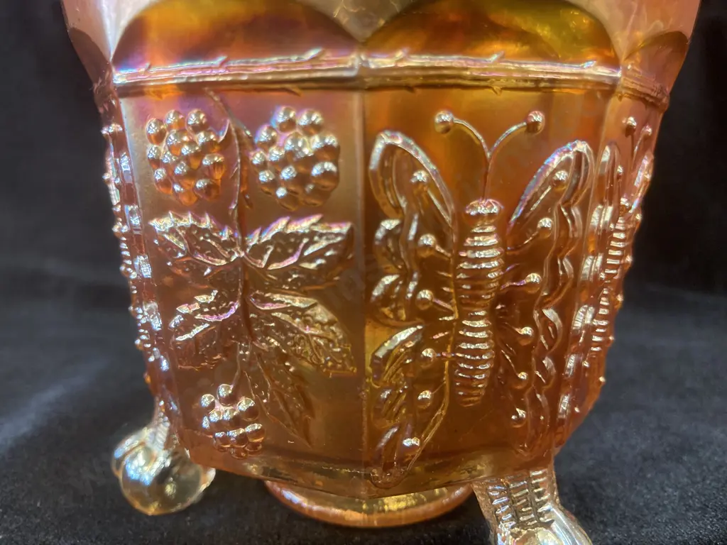 Antique Fenton Carnival Glass Marigold Butterfly & Berry Pattern Ripple Top Footed Bowl, C1911, 11 x 11cm Image 1++