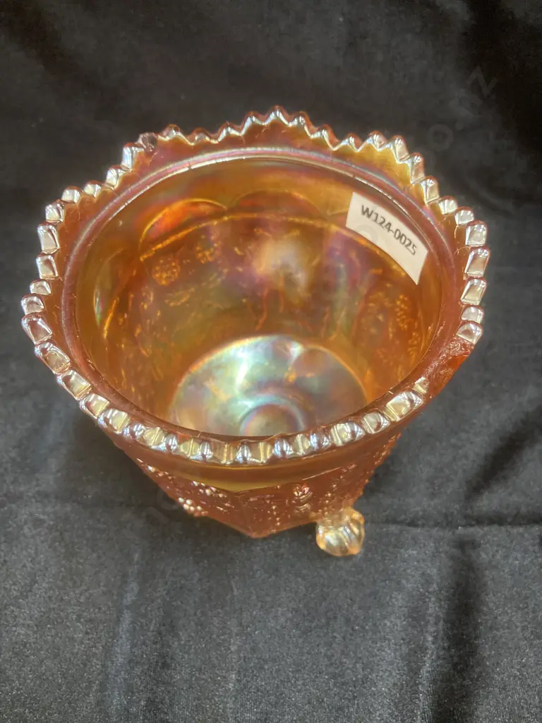 Antique Fenton Carnival Glass Marigold Butterfly & Berry Pattern Ripple Top Footed Bowl, C1911, 11 x 11cm Image 1++