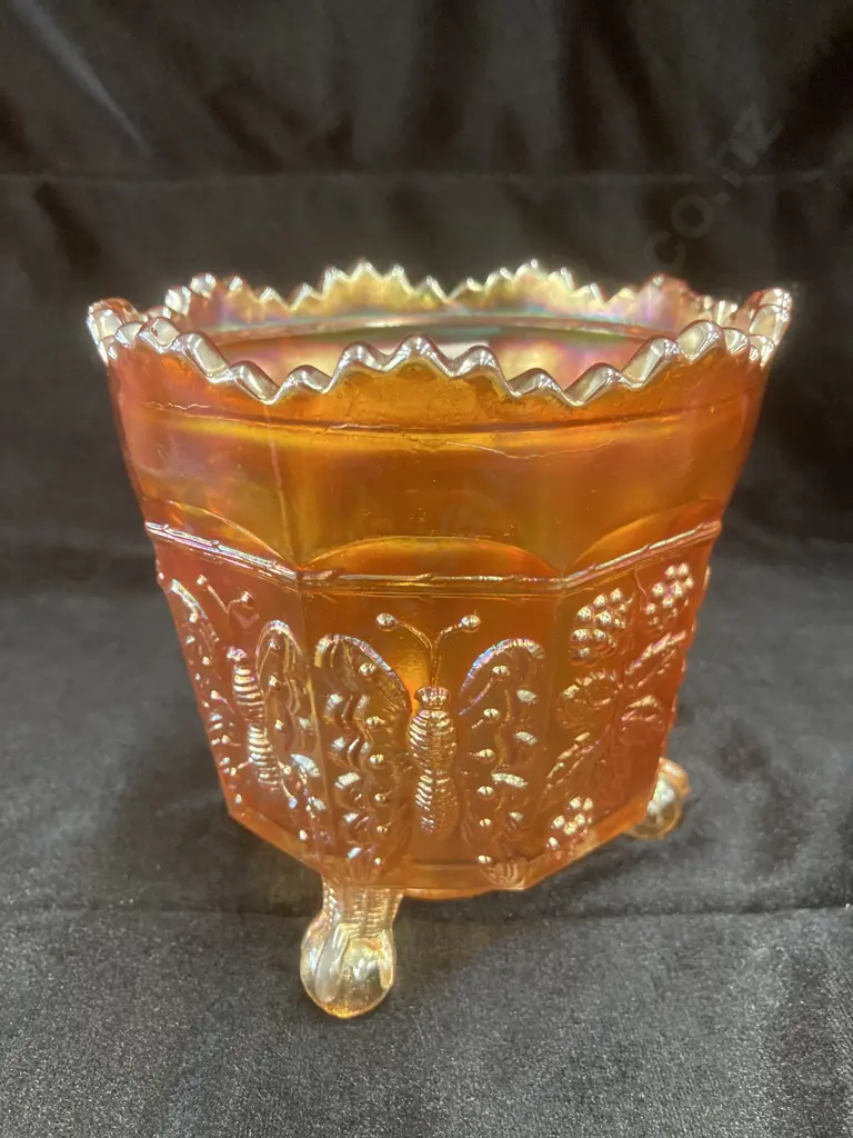 Antique Fenton Carnival Glass Marigold Butterfly & Berry Pattern Ripple Top Footed Bowl, C1911, 11 x 11cm Image 1++