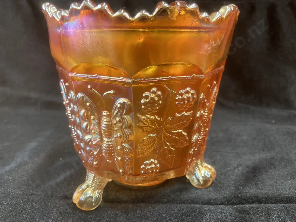 Antique Fenton Carnival Glass Marigold Butterfly & Berry Pattern Ripple Top Footed Bowl, C1911, 11 x 11cm Image 1++