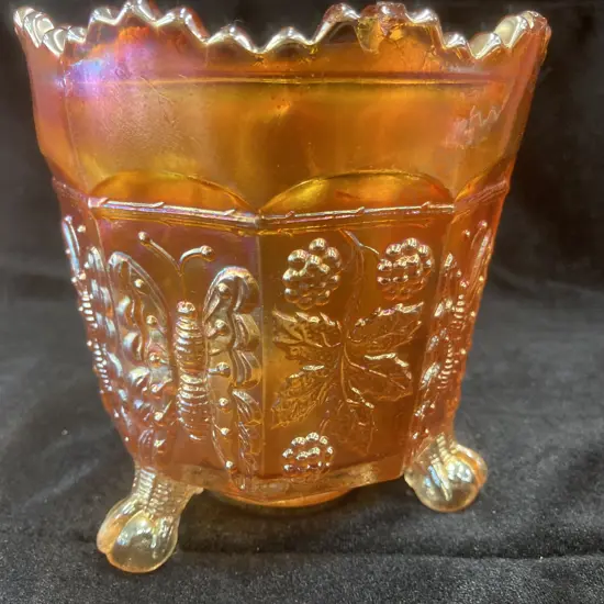 Antique Fenton Carnival Glass Marigold Butterfly & Berry Pattern Ripple Top Footed Bowl, C1911, 11 x 11cm