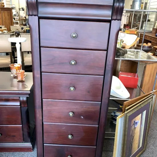 Modern Dark Stained 7 Drawer Lingerie Chest With Round Antique Brass Colour Handles