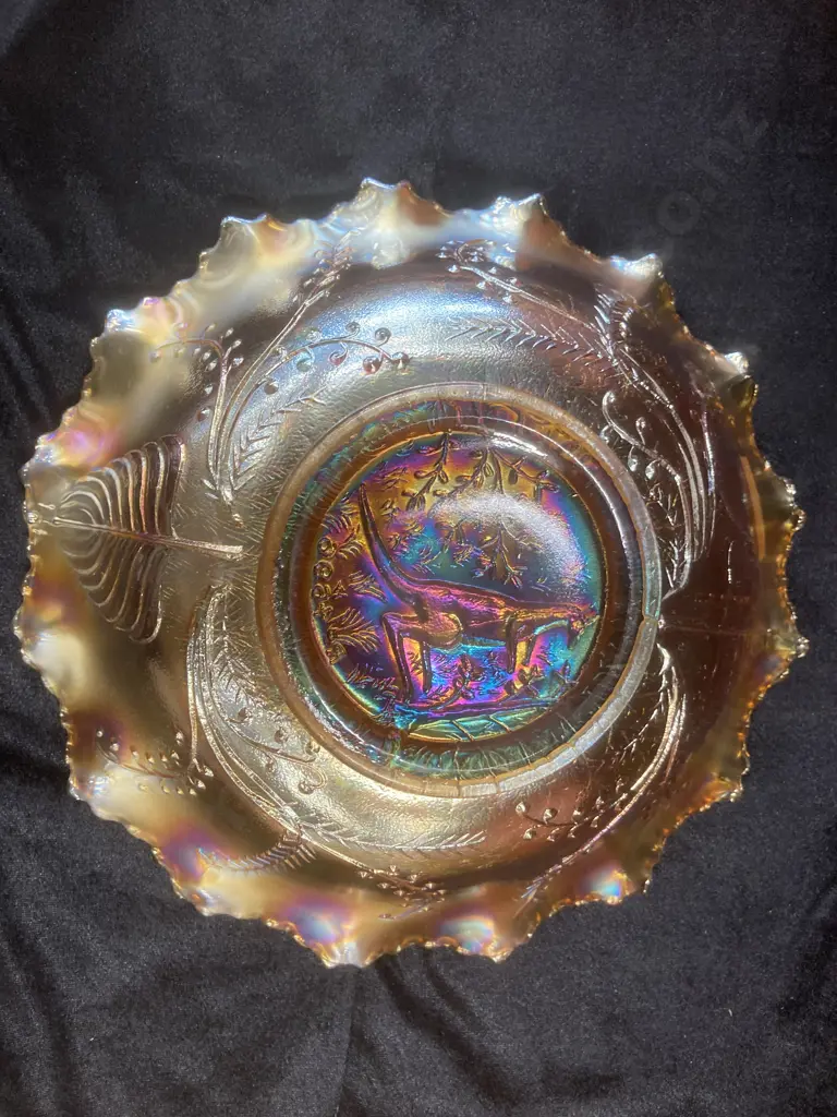 Antique Kangaroo Australian 'Carnival' Glass Marigold Master Bowl, Crystal Glass Co, c1920's, 8 x 25cm Image 1++