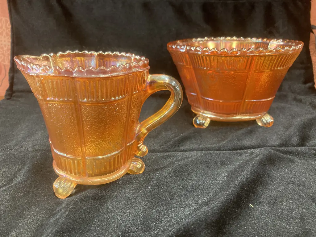 Antique Imperial Glass Marigold Carnival Glass 3 Footed Bowl  H8 Dia14cm & 3 Footed Jug / Creamer, Ribbed Tops H9cm Image 1++