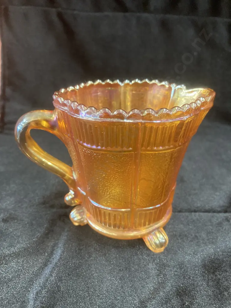 Antique Imperial Glass Marigold Carnival Glass 3 Footed Bowl  H8 Dia14cm & 3 Footed Jug / Creamer, Ribbed Tops H9cm Image 1++