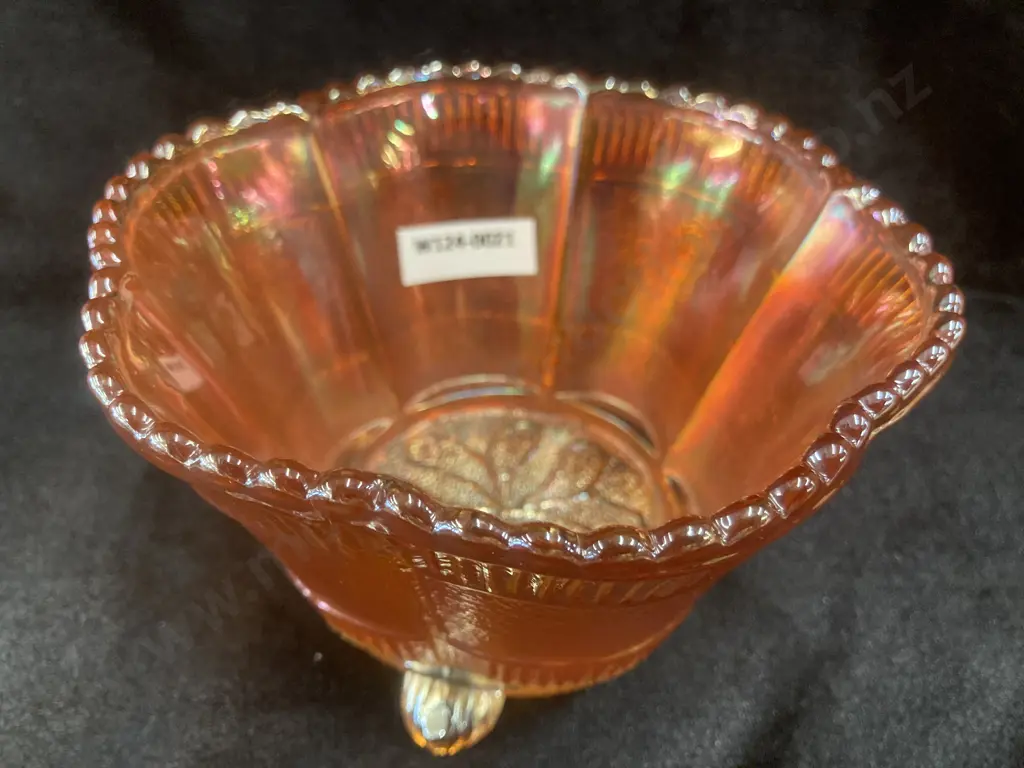 Antique Imperial Glass Marigold Carnival Glass 3 Footed Bowl  H8 Dia14cm & 3 Footed Jug / Creamer, Ribbed Tops H9cm Image 1++