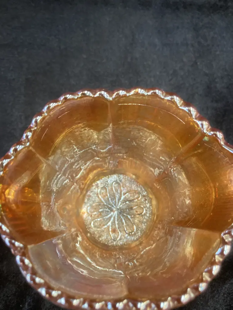 Antique Imperial Glass Marigold Carnival Glass 3 Footed Bowl  H8 Dia14cm & 3 Footed Jug / Creamer, Ribbed Tops H9cm Image 1++