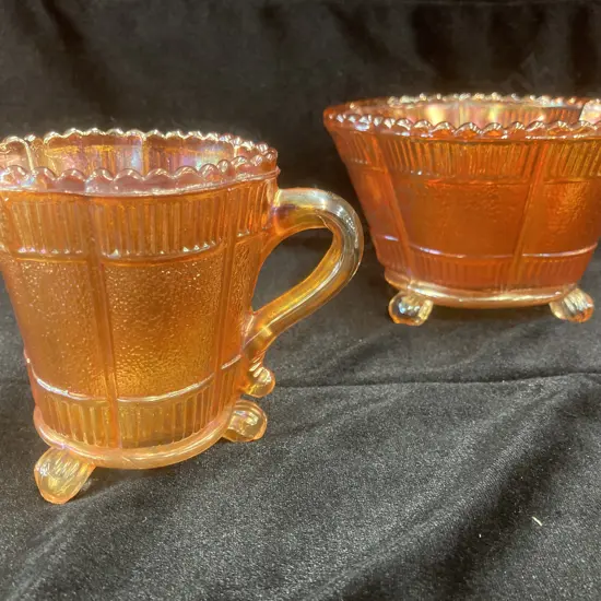 Antique Imperial Glass Marigold Carnival Glass 3 Footed Bowl  H8 Dia14cm & 3 Footed Jug / Creamer, Ribbed Tops H9cm