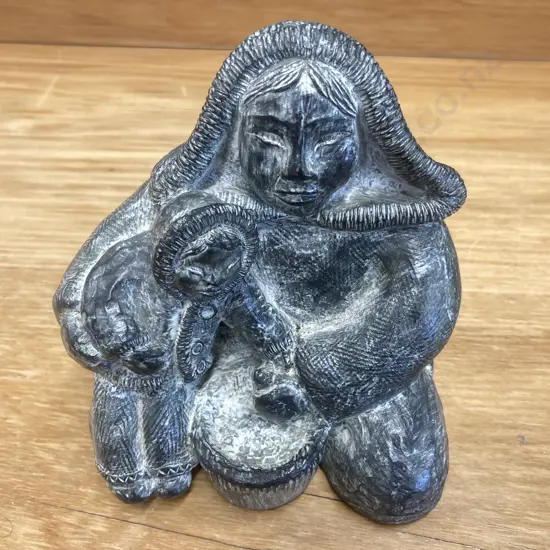 Vintage Wolf Originals Reproduction Inuit Soapstone Carving of a Woman With Child, 13 x 13cm