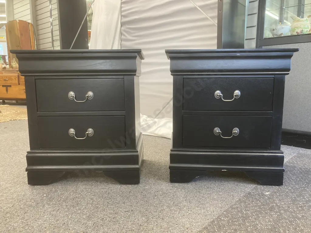 Pair of Black 2 Drawer Bedsides, Brush Chrome Drop Handles, H61 L56 D40cm Image 1++