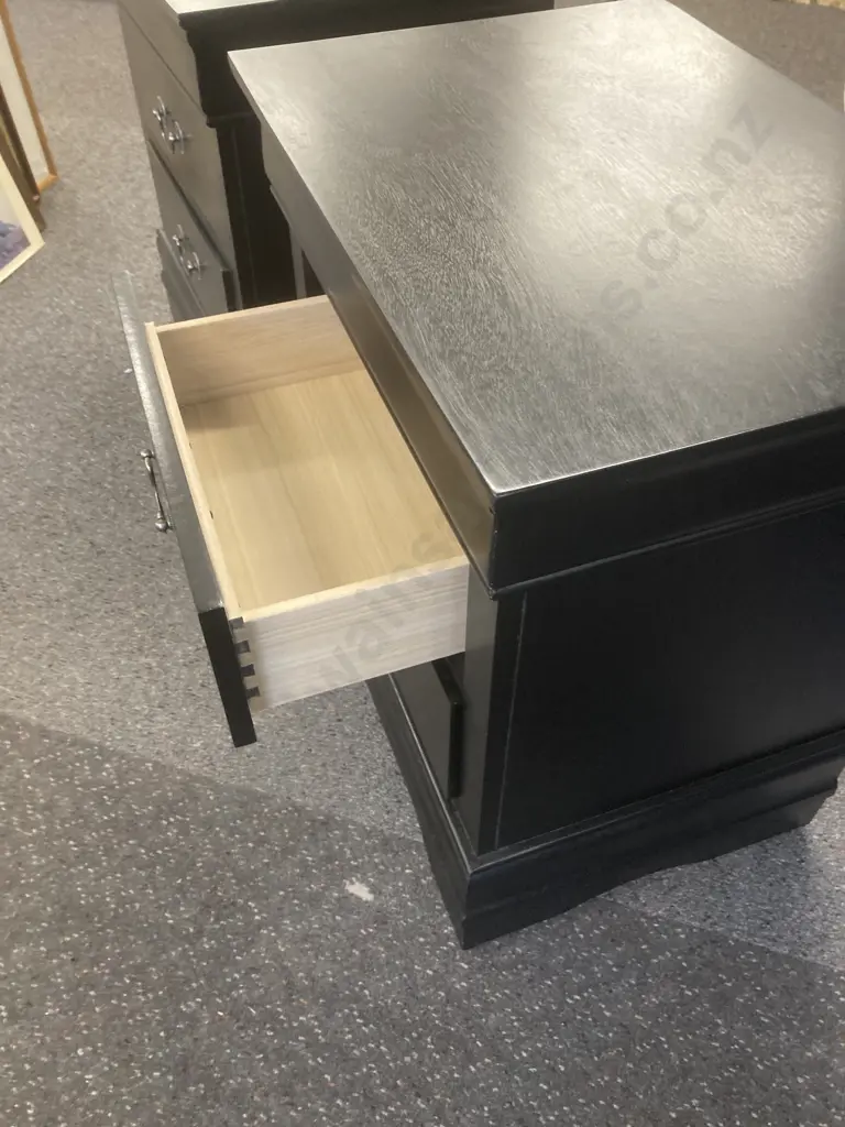 Pair of Black 2 Drawer Bedsides, Brush Chrome Drop Handles, H61 L56 D40cm Image 1++